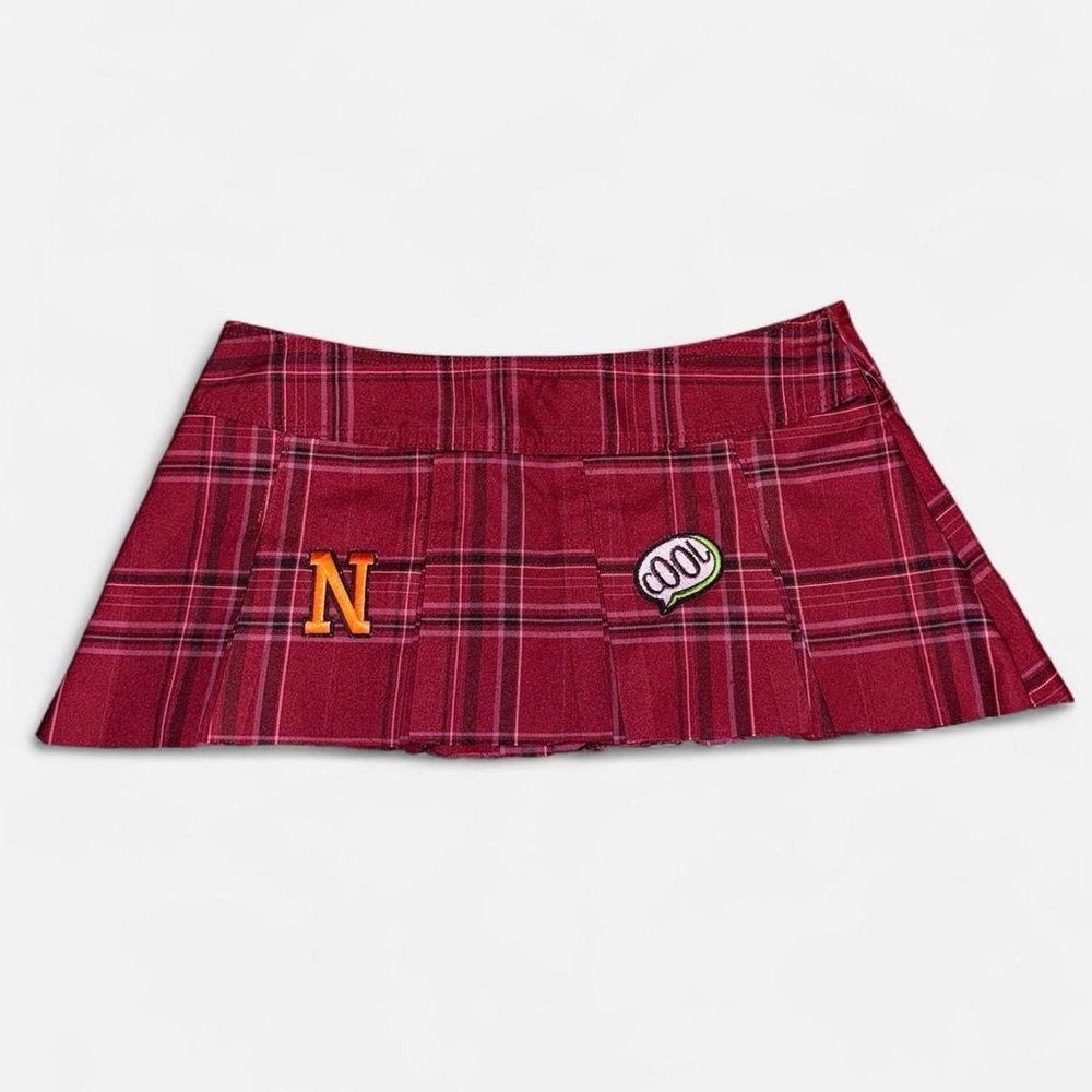 Red Plaid Mini Skirt with Badge Details